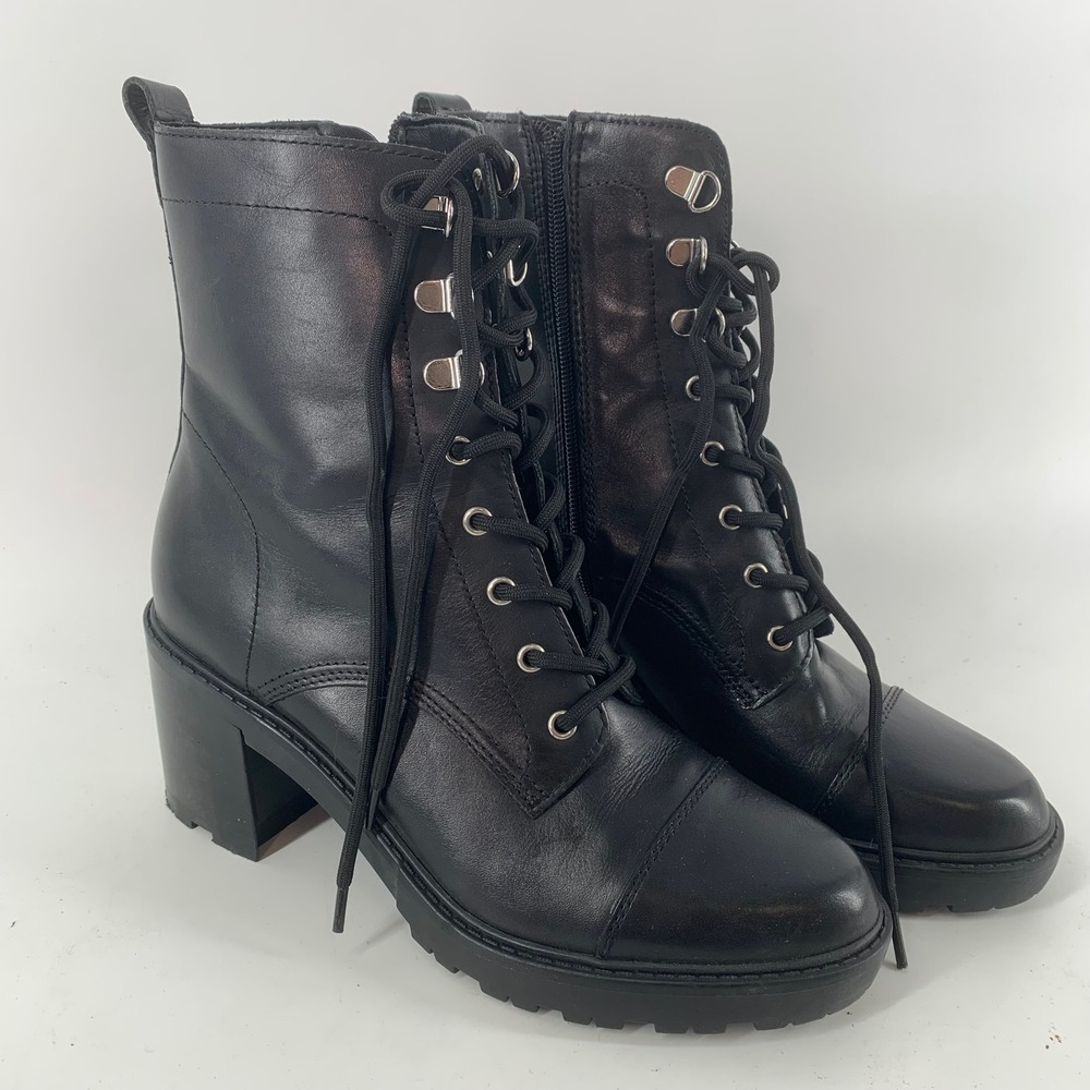 Marc Fisher MFLANIE Black Leather Lace Up Block Heel Combat Boots 8.5M